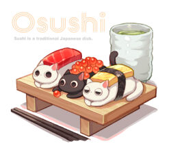 black_cat cat caviar chopsticks commentary cup english_text food food_name no_humans original simple_background sushi suzaku_(zaku6584) white_background white_cat