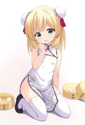 1girl bamboo_steamer black_shoes blonde_hair bun_cover china_dress chinese_clothes double_bun dress food green_eyes hair_bun hand_to_own_mouth highres kneeling mogura2009 original pelvic_curtain shoes short_hair side_slit sleeveless sleeveless_dress solo thighhighs thighs white_dress white_thighhighs