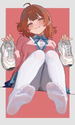 1girl :3 ahoge amashi_2278 blue_ribbon blue_skirt blush border breasts brown_hair cardigan commentary_request gakuen_idolmaster hanami_ume hatsuboshi_gakuen_school_uniform highres holding holding_shoes idolmaster knees_together_feet_apart long_sleeves looking_at_viewer medium_breasts neck_ribbon pantyhose pink_background pink_cardigan ribbon school_uniform shirt shoes simple_background skirt smile soles solo sweat toes unworn_shoes white_border white_pantyhose white_shirt