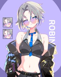 1girl absurdres belt belt_buckle black_belt black_coat blue_eyes blue_hair blue_necktie breasts buckle closed_eyes closed_mouth clothes_down coat collarbone epic_seven grey_hair grin hair_intakes highres midriff multicolored_hair navel necktie pink-tinted_eyewear qri robin_(epic_seven) round_eyewear short_hair small_breasts smile solo standing stomach sunglasses tinted_eyewear two-tone_hair