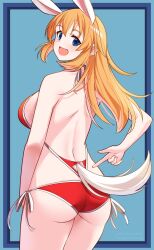 Rule 34 | 1girl, absurdres, animal ears, ass, back, bikini, blue background, blue eyes, breasts, charlotte e. yeager, happy, highres, hiroshi (hunter-of-kct), large breasts, long hair, looking at viewer, looking back, open mouth, orange hair, rabbit ears, rabbit tail, red bikini, simple background, solo, standing, strike witches, swimsuit, tail, world witches series