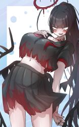 Rule 34 | 1girl, black hair, black nails, black serafuku, black shirt, black skirt, black wings, blood, blood halo, blue archive, blush, breasts, commentary request, crop top, halo, highres, huge breasts, komena (shinyday312), liquid halo, long hair, low wings, navel, neckerchief, open mouth, ponytail, red eyes, school uniform, serafuku, shirt, skirt, solo, tsurugi (blue archive), undone neckerchief, very long hair, wings