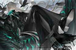 1boy absurdres aqua_eyes aqua_gloves asymmetrical_gloves bell-bottoms belt belt_buckle bird black_belt black_jacket black_pants black_shoes black_socks brooch buckle chinese_commentary crossed_legs crow dragon eye_symbol floating_headgear foot_out_of_frame foreshortening frilled_shirt_collar frills gloves hair_over_one_eye halo hand_on_own_chin happy_birthday headgear highres hu_bu_xi_ye infinity_symbol jacket jewelry long_hair looking_at_viewer looking_down male_focus mismatched_gloves multiple_belts multiple_rings one_eye_closed one_eye_covered open_clothes open_jacket original pants parted_lips ring shirt shoe_soles shoes sitting sitting_on_animal sky socks solo third_eye very_long_hair watermark weibo_watermark white_gloves white_hair white_halo