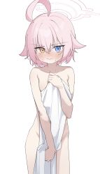 1girl ahoge arsyky14 blue_archive blush bob_cut embarrassed flat_chest hair_between_eyes halo heterochromia highres holding holding_towel hoshino_(blue_archive) loli nexon nude pink_hair pink_halo short_hair simple_background sweat sweatdrop towel very_short_hair white_background