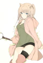 1girl animal_ears black_thighhighs blonde_hair blouse blue_eyes boots breasts cat_ears cleavage contrapposto female_focus green_shirt holding holding_staff hood hooded_coat long_hair lpip medium_breasts original pink_boots shirt shirt_slip short_shorts shorts side_ponytail single_thighhigh solo staff standing thigh_boots thighhighs thighs white_background
