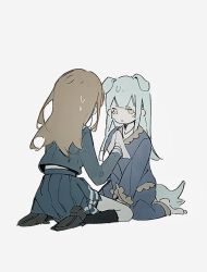2girls :&lt; animal_ears bang_dream! bang_dream!_it&#039;s_mygo!!!!! black_socks blue_pants blue_shirt blue_skirt brown_footwear brown_hair dkl_(dinosaurkl2) dog_ears dog_girl dog_tail green_hair hair_ornament hairclip highres kemonomimi_mode kneehighs long_hair multiple_girls nagasaki_soyo pants pleated_skirt shirt simple_background sitting skirt socks tail tearing_up wakaba_mutsumi wariza white_background