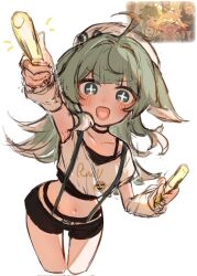 +_+ 1girl ahoge animal_ears commentary_request cropped_legs cropped_shirt enunu_7e fox_ears fox_girl glowstick green_eyes green_hair hat heart heart_in_mouth highres holding holding_glowstick honkai:_star_rail honkai_(series) huohuo_(honkai:_star_rail) huohuo_(on_the_journey)_(honkai:_star_rail) looking_at_viewer midriff navel open_mouth reference_inset shirt sleeveless sleeveless_shirt solo white_hat white_shirt