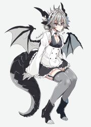 1boy alternate_eye_color androgynous black_boots blue_eyes boots crossdressing crossdressing_(mtf) dragon_boy dragon_horns dragon_tail dragon_wings fate/apocrypha fate_(series) full_body grey_background haoro highres horns maid male_maid multiple_horns sieg_(fate) signature simple_background solo tail wings