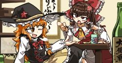 2girls amerika_zarigani anger_vein ascot azusa_(cookie) black_capelet black_headwear black_skirt black_vest blush bottle bow bowtie braid brown_hair buttons capelet cirno cirno_(cookie) commentary_request cookie_(touhou) detached_sleeves feet_out_of_frame frilled_bow frilled_skirt frills hair_bow hakurei_reimu hat hat_ornament kanna_(cookie) kirisame_marisa light_brown_hair long_hair long_sleeves looking_at_another multiple_girls one_eye_closed open_mouth pointing pointing_at_another red_bow red_bowtie red_eyes red_shirt red_star ribbon-trimmed_sleeves ribbon_trim sake_bottle shirt side_braid single_braid skirt sleeveless sleeveless_shirt smile star_(symbol) star_hat_ornament table touhou turtleneck vest white_bow white_shirt white_sleeves witch_hat yellow_ascot