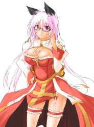 1girl adjusting_clothes animal_ears arch_bishop_(ragnarok_online) blush breasts cat_ears cat_girl cleavage cleavage_cutout closed_mouth clothing_cutout commentary_request cowboy_shot cross cross_necklace dress fishnet_thighhighs fishnets frilled_thighhighs frills glasses jewelry juliet_sleeves kaminagi_(kaminagi-tei) large_breasts long_hair long_sleeves looking_at_viewer necklace pelvic_curtain pink_hair puffy_sleeves purple_eyes ragnarok_online red_dress sash semi-rimless_eyewear simple_background smile solo thighhighs two-tone_dress under-rim_eyewear very_long_hair white_background white_dress white_thighhighs yellow_sash