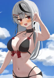 1girl :d absurdres adjusting_hair bikini black_bikini blue_sky bow breasts cloud commentary day grey_hair highres hololive large_breasts long_hair multicolored_hair navel open_mouth outdoors plaid_bow red_bow revision sakamata_chloe sasasa11070 sky smile solo stomach streaked_hair swimsuit upper_body very_long_hair virtual_youtuber