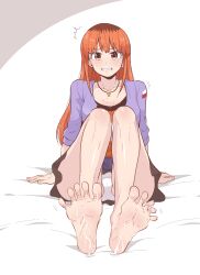 1girl barefoot chema clenched_teeth cum_on_body cum_on_feet feet gakkou_gurashi! highres hikarizato_akira jewelry long_hair looking_at_viewer necklace orange_eyes orange_hair panties pantyshot soles teeth toes underwear