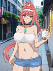 1girl breasts cleavage coffee core_crystal crop_top glimmer_(xenoblade) hata_(pixiv10403940) highres large_breasts nintendo outdoors red_hair shorts xenoblade_chronicles_(series) xenoblade_chronicles_3 xenoblade_chronicles_3:_future_redeemed