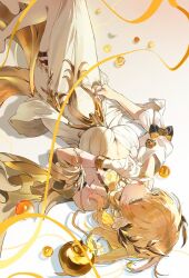 aglaea_(honkai:_star_rail) apple blonde_hair breasts dress food fruit golden_apple hair_ornament honkai:_star_rail honkai_(series) lying medium_breasts naroo short_hair thread upside-down white_dress