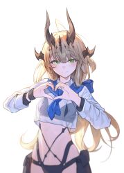 1girl absurdres ahoge arknights bikini black_bikini black_horns blonde_hair blue_collar blurry blush bracelet breasts collar commission cropped_shirt dot_nose dragon_girl dragon_horns green_eyes highres horns infection_monitor_(arknights) jewelry ky_dako long_hair long_sleeves looking_at_viewer medium_breasts official_alternate_costume pouch reed_(arknights) reed_the_flame_shadow_(arknights) reed_the_flame_shadow_(summer_flower)_(arknights) sailor_collar see-through_clothes see-through_shirt shirt simple_background smile solo swimsuit upper_body white_background