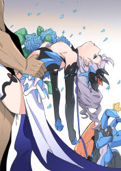 1boy 1girl asphyxiation bad_id bad_pixiv_id black_eyes black_gloves blue_flower breasts breasts_out bronya_zaychik bronya_zaychik_(herrscher_of_reason) bug butterfly clothed_female_nude_male clothed_sex corpse cum cumdrip death dress earrings elbow_gloves empty_eyes flower from_side gloves gradient_background hair_ornament hetero highres honkai_(series) honkai_impact_3rd insect jewelry long_hair necrophilia nipples nude personality_(artist) petals sex silver_hair simple_background small_breasts suspended_congress thighhighs tongue tongue_out white_thighhighs