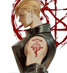 Rule 34 | 1boy, abstract background, alphonse elric, armor, armpit crease, arms at sides, backlighting, bare shoulders, bishounen, blonde hair, breastplate, closed mouth, couter, cross, crown, expressionless, eyelashes, flamel symbol, from side, fullmetal alchemist, half-closed eyes, latin cross, long eyelashes, looking ahead, looking down, magic circle, male focus, mini crown, mini wings, muscular, muscular male, nape, profile, sabertoon artt, shoulder tattoo, simple background, snake, spikes, standing, swept bangs, tattoo, upper body, white background, wings, yellow eyes