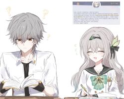 1boy 1girl ? black_gloves black_hairband black_ribbon black_sailor_collar book bow bowtie caelus_(honkai:_star_rail) checkered_bow checkered_clothes closed_eyes confused fingerless_gloves firefly_(honkai:_star_rail) firefly_(spring_missive)_(honkai:_star_rail) gloves green_bow grey_hair hair_between_eyes hair_intakes hair_ornament hair_ribbon hairband highres holding holding_book holding_pencil honkai:_star_rail honkai_(series) hsr_shiro mechanical_pencil open_book pencil plaid_bow plaid_bowtie plaid_clothes ribbon sailor_collar simple_background trailblazer_(honkai:_star_rail) white_background