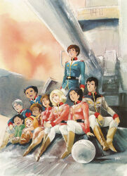 1980s_(style) 4girls 6+boys amuro_ray belt black_hair blonde_hair boots bright_noa brown_hair cannon earth_federation fraw_bow gundam haro hayato_kobayashi highres kai_shiden katz_kobayashi kikka_kitamoto letz_cofan military_uniform mirai_yashima mobile_suit_gundam multiple_boys multiple_girls official_art oldschool painting_(medium) production_art promotional_art retro_artstyle robot sayla_mass science_fiction short_hair signature sitting spacecraft traditional_media turret white_base yasuhiko_yoshikazu