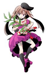Rule 34 | 1girl, alphes (style), apron, bare arms, black hat, black socks, bow, buttons, capelet, closed mouth, commentary request, dairi, dress, frilled apron, frilled dress, frilled sleeves, frills, full body, hat, holding, kneehighs, leaf, long hair, looking at viewer, mary janes, myouga (plant), nishida satono, parody, puffy short sleeves, puffy sleeves, purple dress, purple eyes, purple shoes, red bow, red ribbon, ribbon, shoes, short hair with long locks, short sleeves, sidelocks, smile, socks, solo, style parody, tachi-e, tareme, tassel, tate eboshi, touhou, transparent background, turtleneck, white apron, white capelet