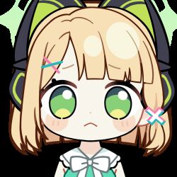 &gt;_&lt; 1girl :&lt; animal_ear_headphones animal_ears animated animated_gif bare_arms blonde_hair blue_archive blunt_bangs blunt_ends blush_stickers bow bowtie cat_ear_headphones cat_ears chunye_haruya dot_nose dress fake_animal_ears green_dress green_eyes green_halo hair_ornament hairclip halo headphones hitting looking_at_viewer low-tied_sidelocks lowres midori_(blue_archive) missing_commentary open_mouth parted_bangs second-party_source short_hair sidelocks simple_background sleeveless sleeveless_dress solo transparent_background upper_body wavy_mouth white_bow white_bowtie x_hair_ornament