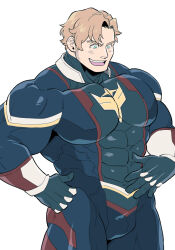 Rule 34 | 1boy, alternate muscle size, aqua eyes, bara, blonde hair, bodysuit, commentary request, covered abs, covered pectorals, facial hair, impossible bodysuit, impossible clothes, large pectorals, lewis smith, male focus, mecha pilot suit, muscular, muscular male, pectorals, sekijaku, short hair, sideburns stubble, simple background, solo, stubble, variant set, white background, yuuki bakuhatsu bang bravern