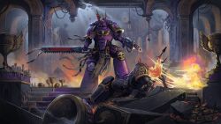 Rule 34 | 2boys, absurdres, adeptus astartes, arch, architecture, armor, battle, black armor, black legion, bone, book, burning head, candle, carpet, cathedral, chain, chainsword, chaos space marine, chaos undivided (symbol), column, cup, fighting stance, finishing move, fire, flamethrower, gothic architecture, highres, holding, holding sword, holding weapon, imperial aquila, marton kapoli, multiple boys, pelvic curtain, pillar, power armor, purity seal, purple armor, ruins, shield print, skull ornament, soul drinkers, stairs, statue, sword, warhammer 40k, weapon, winged hat