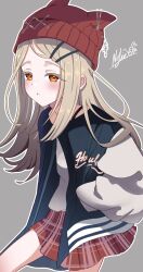 1girl absurdres animal_ear_headwear black_jacket blonde_hair blush colored_eyelashes cowboy_shot dot_nose fake_animal_ears from_side gakuen_idolmaster grey_background hair_ornament hairclip hand_in_pocket highres idolmaster jacket knit_hat long_hair long_sleeves looking_at_viewer miniskirt multicolored_jacket open_clothes open_jacket orange_eyes outline parted_lips plaid_clothes plaid_skirt pleated_skirt red_skirt shinosawa_hiro shirt signature simple_background skirt solo two-tone_jacket vtitalianlion46 white_jacket white_outline white_shirt
