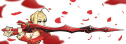 1girl ahoge blonde_hair braid breasts etoneco falling_petals fate/extra fate_(series) green_eyes hair_bun hair_intakes highres holding holding_sword holding_weapon long_sleeves looking_to_the_side medium_breasts nero_claudius_(fate) petals sidelocks solo sword upper_body weapon