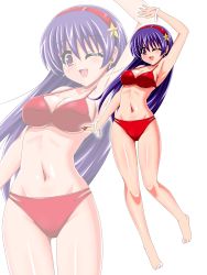 1girl armpits asamiya_athena athena_(series) barefoot bikini bracelet breasts cleavage commentary_request hair_ornament hairband highres jewelry long_hair looking_at_viewer medium_breasts navel one_eye_closed princess_athena purple_eyes purple_hair red_bikini red_hairband smile solo star_(symbol) star_hair_ornament swimsuit the_king_of_fighters yaeba zoom_layer