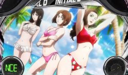 3girls armpits bare_legs belly bikini breasts cleavage frilled_bikini frills huge_breasts initial_d lowleg lowleg_bikini medium_breasts mogi_natsuki multiple_girls navel official_art pink_bikini red_bikini satou_mako sayuki_(initial_d) shin_gekijouban_initial_d swimsuit white_bikini