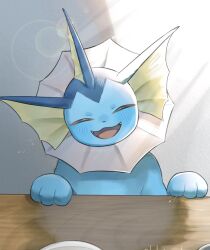 animal_focus blue_fur closed_eyes fins gen_1_pokemon grey_background head_fins highres hokaimo_pkmn looking_at_viewer nintendo no_humans open_mouth pawpads pokemon pokemon_(creature) pokemon_focus simple_background smile solo sunlight table tail vaporeon