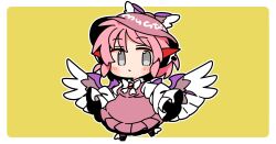 1girl animal_ears bird_ears black_shoes blush border bow bowtie brown_dress brown_hat chibi chibi_only closed_mouth commentary dress earrings full_body grey_eyes hat ini_(inunabe00) jewelry long_sleeves looking_at_viewer mystia_lorelei outline outside_border pink_hair shirt shoes short_hair simple_background single_earring sleeve_garter solo touhou white_border white_bow white_bowtie white_outline white_shirt winged_hat yellow_background