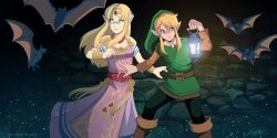 1boy 1girl bats belt blonde_hair blue_eyes breasts dress earrings elf hat jewelry lantern link long_hair necklace nervous nintendo pink_dress pointy_ears princess_zelda sidelocks the_legend_of_zelda the_legend_of_zelda:_a_link_to_the_past tiara triforce underground water wings
