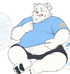 1boy animal_ears bandaid bandaid_on_face barefoot belly black_shorts blue_shirt blush bulge claws closed_eyes dog_boy dog_ears dog_nose dog_tail electric_fan facing_to_the_side fangs fat fat_man furry furry_male highres live_a_hero male_focus multicolored_hair nikukyu299paw open_mouth pawpads shirt shorts sitting streaked_hair sweatdrop tail white_fur yohack