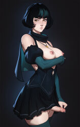 1futa arm_under_breasts backlighting bare_shoulders black_background black_capelet black_hair black_skirt breasts capelet closed_mouth cowboy_shot elbow_gloves erection erin_(tarakanovich) fingerless_gloves foreskin from_side futanari gloves green_gloves green_thighhighs highres jewelry looking_to_the_side medium_breasts medium_penis necklace nipples no_panties original penis pink_lips precum realistic short_hair simple_background skirt solo standing suspender_skirt suspenders tarakanovich testicles thighhighs yellow_eyes