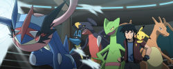 absurdres animal animal_on_shoulder ash-greninja ash_ketchum beard belt charizard creatures_(company) facial_hair game_freak garchomp gen_1_pokemon gen_3_pokemon gen_4_pokemon gen_6_pokemon greninja highres jacket lucario nintendo aged_up pikachu pokemon pokemon_(anime) pokemon_(creature) satoshi-greninja scar sceptile team