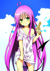 10s 1girl age_regression aged_down ahoge clothes_lift colorized female_focus flat_chest green_eyes highres lala_satalin_deviluke purple_hair shirt shirt_lift shirt_slip solo tail to_love-ru to_love-ru_darkness water water_gun wet wet_clothes wet_shirt yabuki_kentarou