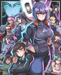 absurdres akira_(manga) battle_angel_alita blade_runner_(series) blade_runner_(1982_movie) breasts cigarette crossover cyberpunk_(series) cyberpunk_2077 detroit:_become_human edge faith_connors ghost_in_the_shell ghost_in_the_shell:_sac_2045 glados green_eyes gun handgun highres holding holding_weapon jill_stingray judy_alvarez kara_(detroit) katana katana_zero kei_(akira) kusanagi_motoko large_breasts melina_(total_recall) mirror&#039;s_edge mirror&#039;s_edge_(series) mirror&#039;s_edge_catalyst multiple_girls no_guns_life pepper_(no_guns_life) pistol portal_(series) purple_hair rachel_(blade_runner) red_eyes s.h.o.d.a.n. sagas293 sword system_shock tank_top tattoo total_recall va-11_hall-a weapon zero_(katana_zero)