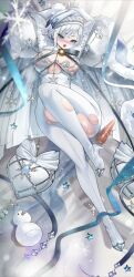 1girl akershus_fortress_(oshiro_project) areola_slip arms_up beret blue_cloak blue_eyes blue_hat blush bodysuit breasts cleavage cleavage_cutout cloak clothing_cutout commission full_body fur-trimmed_cloak fur_trim hat high_heels highres large_breasts looking_at_viewer open_mouth oshiro_project:re skeb_commission snowman solo teddypocky torn_clothes white_bodysuit white_hair