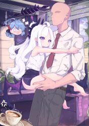 1boy 2girls absurdres ahoge ako_(blue_archive) anger_vein ass bare_legs barefoot black_halo blue_archive blue_hair blue_halo blush breasts carrying carrying_person coffee_mug cup demon_girl demon_horns feet halo highres hina_(blue_archive) horns loli long_hair low_wings mug multiple_girls necktie open_mouth purple_eyes shirt skirt sleeveless small_breasts teacup tennsai12345 thighs toes tray very_long_hair white_hair white_shirt wings
