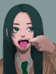 1girl artist_request fang fangs green_background long_hair piercing school_uniform simple_background tagme tongue tongue_out tongue_piercing