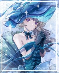 1girl bare_shoulders blue_bow blue_bowtie blue_dress blue_gloves blue_hat border bow bowtie closed_mouth collarbone commentary dress facial_mark genshin_impact gloves grey_hair hat highres inset_border kuromuru long_hair looking_at_viewer lynette_(genshin_impact) own_hands_together purple_eyes solo star_(symbol) star_facial_mark strapless strapless_dress twitter_username upper_body very_long_hair white_border