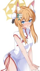 1girl :o absurdres alternate_costume alternate_hairstyle animal_ear_fluff animal_ears bare_arms blue_archive blue_eyes blush bun_cover cat_ears china_dress chinese_clothes commentary_request cowboy_shot double-parted_bangs double_bun dress eyelashes flower hair_between_eyes hair_bun hair_flower hair_ornament halo highres hip_vent leaf_hair_ornament leaning_forward long_hair looking_at_viewer mari_(blue_archive) nose_blush open_mouth orange_hair sanpaku short_sleeves shy sidelocks simple_background solo tassel tsurime v_arms waist_tassel white_background white_dress white_flower yellow_halo youjinbou_(lizardman730)