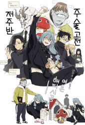 3girls 6+boys ahoge arm_up black_hair blue_eyes blue_hair branch choso_(jujutsu_kaisen) cigarette cyclops dog double_bun facial_hair food fushiguro_megumi getou_suguru getou_suguru_(kenjaku) glasses hair_bun heterochromia highres jacket juice_box jujutsu_kaisen kennel_(animal) lensless_glasses long_hair low-tied_long_hair mahito_(jujutsu_kaisen) milk mimiko_(jujutsu_kaisen) multiple_boys multiple_girls nanako_(jujutsu_kaisen) nonockha octopus one-eyed pink_slippers report_card round_eyewear sandwich slippers smoking stitched_arm stitched_face stitched_torso stitches stubble volcano white_background yellow_eyes yellow_jacket yoshino_junpei
