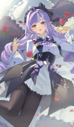 1girl absurdres blush breasts dress fled frills highres long_hair long_sleeves looking_at_viewer pointy_ears purple_hair red_eyes solo vivian_banshee zenless_zone_zero