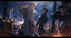 6+boys back black_eyes black_hair black_skin blonde_hair carrying character_request colored_skin copyright_request facial_hair fangs fireworks glasses grey_hair hand_on_another&#039;s_shoulder hh723hh highres holding long_sleeves looking_at_another looking_at_viewer male_focus multiple_boys night night_sky pointy_ears princess_carry short_hair sky teeth white_hair yellow_eyes