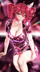1girl absurdres ahoge blush breasts cleavage crystal crystal_dress dress glowing glowing_dress hair_between_eyes hair_ribbon highres kasane_teto lipstick long_hair looking_at_viewer makeup medium_breasts red_dress red_hair ribbon shiny_clothes shiny_skin simple_background sparkle sparkle_background takie_arts twintails vocaloid