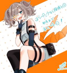 1girl :d asymmetrical_gloves black_boots black_gloves black_thighhighs blue_eyes boots breasts brown_hair commentary_request crop_top elbow_gloves eye_mask feet_out_of_frame gloves grey_shirt grey_shorts half_mask hand_to_own_mouth hand_up harapeko_shoujo_to_tantei_to highres mask midriff open_mouth orange_background rino_cnc shirt short_eyebrows shorts single_elbow_glove single_thighhigh sitting small_breasts smile solo teeth thick_eyebrows thighhighs thighhighs_under_boots translation_request twintails twitter_username two-tone_background upper_teeth_only white_background