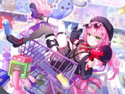 Rule 34 | 1girl, absurdres, bare shoulders, black hat, black shoes, black skirt, black thighhighs, blush, bow, bowtie, box, brown shirt, buttons, center frills, commentary, detached sleeves, eyewear on head, falling money, frills, gem, green eyes, green gemstone, gun, hair ornament, hairclip, hanako nana, handgun, hands up, hat, hayo (dydgk6664), high-waist skirt, highres, holding, holding box, holding megaphone, holster, in shopping cart, indoors, knife sheath, lens flare, looking at viewer, megaphone, money, nail polish, paint on clothes, parallel hairclips, peto (hanako nana), pink hair, pink nails, pushing cart, red bow, red bowtie, red trim, sheath, shirt, shirt tucked in, shoes, shop, shopping cart, single thighhigh, sitting, skirt, solo, sparkle, stellive, stuffed toy, symbol-only commentary, thigh holster, thigh strap, thighhighs, thighs, tile floor, tiles, virtual youtuber, weapon, x hair ornament